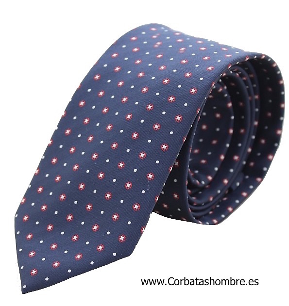 CORBATA AZUL MARINO CON TOPOS BURDEOS Y CUADRADITOS PERLADOS 