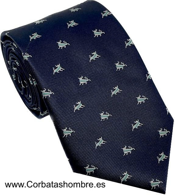 CORBATA AZUL MARINO CON TOROS BLANCOS CON DIVISA VERDE 