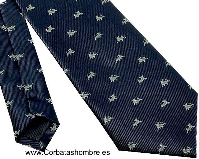 CORBATA AZUL MARINO CON TOROS BLANCOS CON DIVISA VERDE 