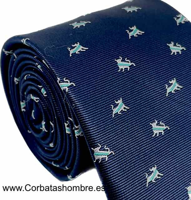 CORBATA AZUL MARINO CON TOROS BLANCOS CON DIVISA VERDE 