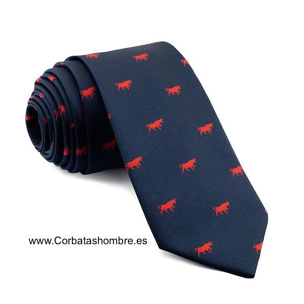 CORBATA AZUL MARINO CON TOROS ROJOS 