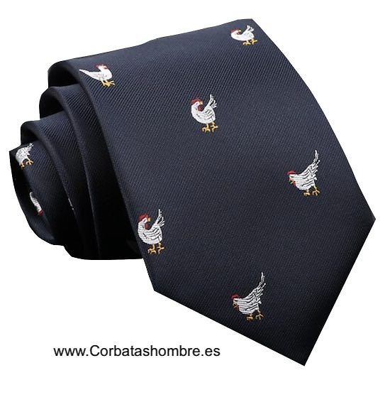 CORBATA AZUL MARINO CON UN ORIGINAL Y DIVERTIDO DIBUJO DE GALLINAS BLANCAS 