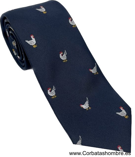 CORBATA AZUL MARINO CON UN ORIGINAL Y DIVERTIDO DIBUJO DE GALLINAS BLANCAS 