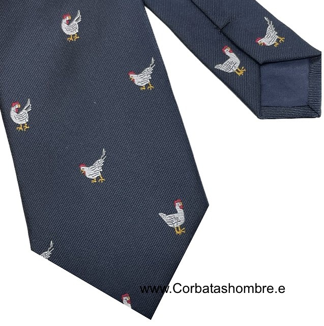 CORBATA AZUL MARINO CON UN ORIGINAL Y DIVERTIDO DIBUJO DE GALLINAS BLANCAS 