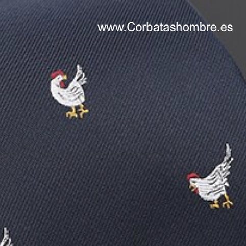 CORBATA AZUL MARINO CON UN ORIGINAL Y DIVERTIDO DIBUJO DE GALLINAS BLANCAS 