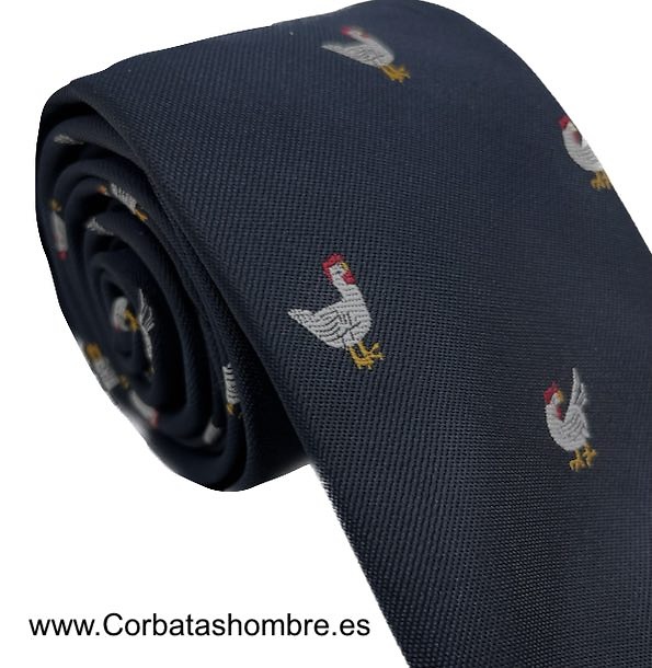 CORBATA AZUL MARINO CON UN ORIGINAL Y DIVERTIDO DIBUJO DE GALLINAS BLANCAS 