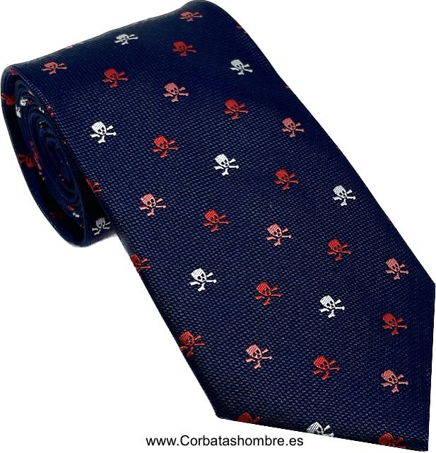 CORBATA AZUL MARINO DE CALAVERAS PEQUEÑAS ROJAS NARANJAS Y BLANCAS 