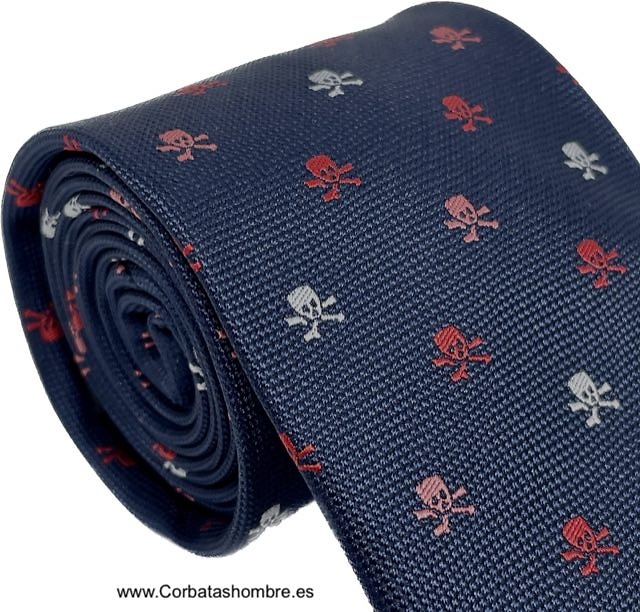 CORBATA AZUL MARINO DE CALAVERAS PEQUEÑAS ROJAS NARANJAS Y BLANCAS 