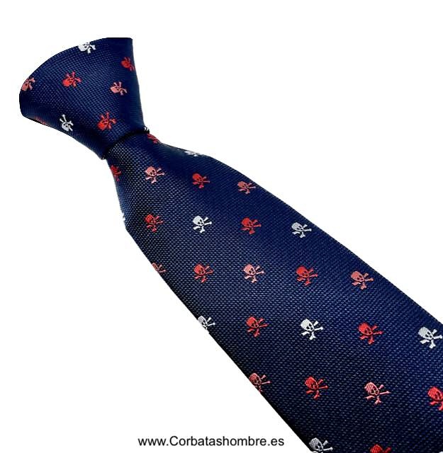 CORBATA AZUL MARINO DE CALAVERAS PEQUEÑAS ROJAS NARANJAS Y BLANCAS 