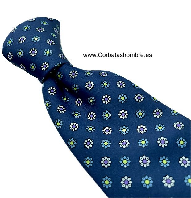 CORBATA AZUL MARINO DE FLORECILLAS DE COLORES PEQUEÑAS 