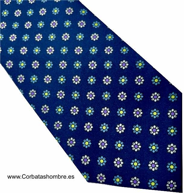 CORBATA AZUL MARINO DE FLORECILLAS DE COLORES PEQUEÑAS 