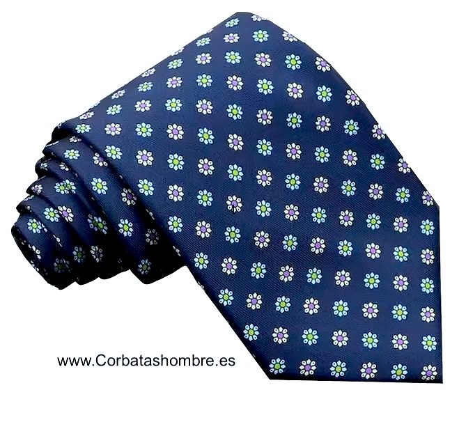 CORBATA AZUL MARINO DE FLORECILLAS DE COLORES PEQUEÑAS 
