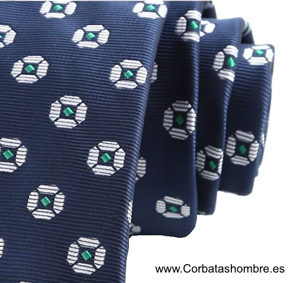 CORBATA AZUL MARINO DE FLORES OCTOGONALES BLANCAS 