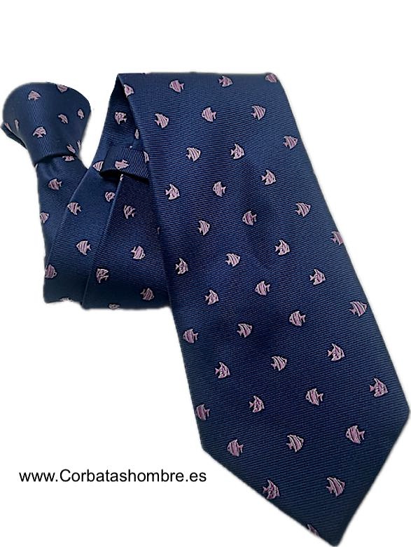 CORBATA AZUL MARINO DE PECECITOS ROSAS Y PLATEADOS 