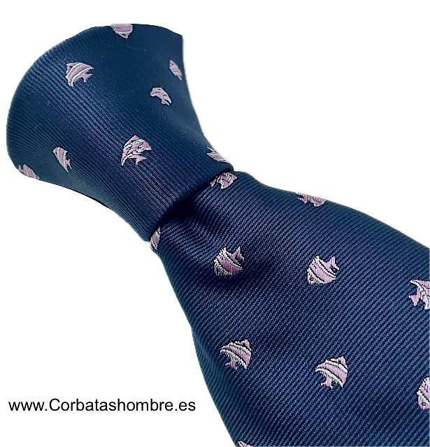 CORBATA AZUL MARINO DE PECECITOS ROSAS Y PLATEADOS 