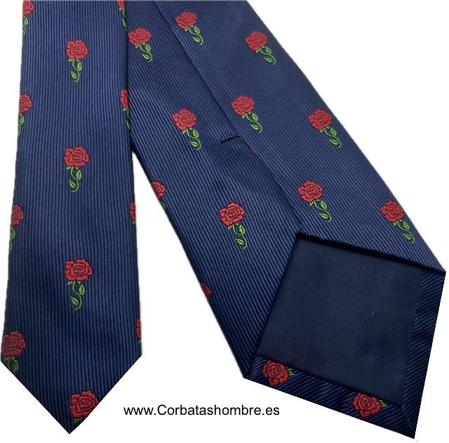 CORBATA AZUL MARINO DE ROSAS ROJAS CON TALLO 