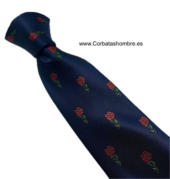 CORBATA AZUL MARINO DE ROSAS ROJAS CON TALLO 