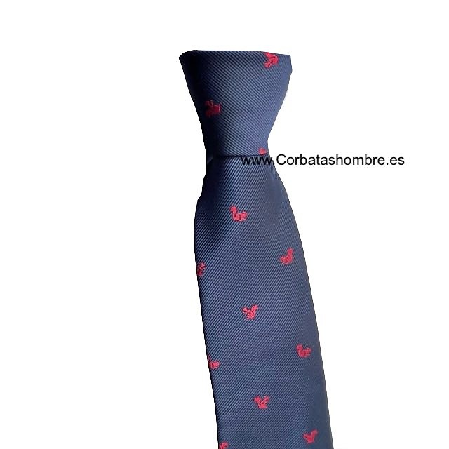 CORBATA AZUL MARINO ELEGANTE CON ARDILLAS ROJAS PEQUEÑAS 