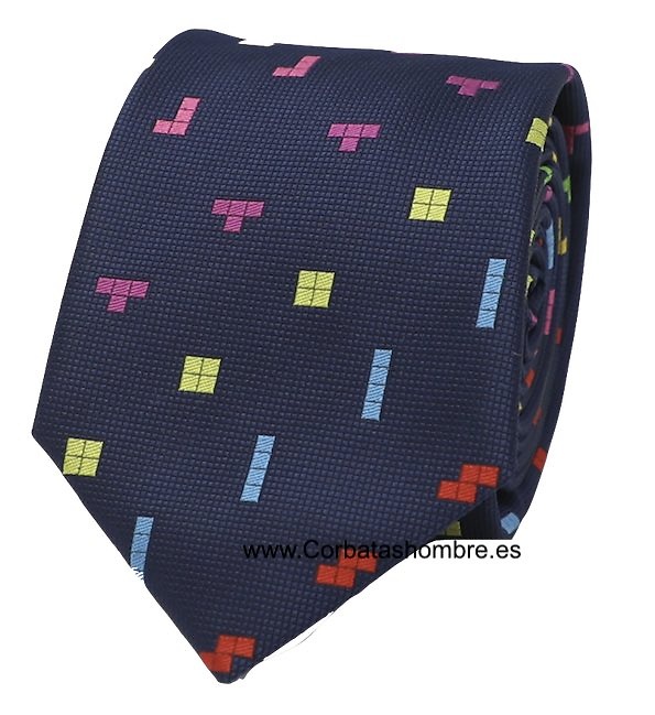 CORBATA AZUL MARINO FICHAS TETRIS DE COLORES 