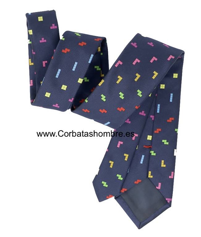 CORBATA AZUL MARINO FICHAS TETRIS DE COLORES 