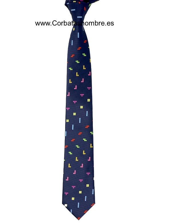 CORBATA AZUL MARINO FICHAS TETRIS DE COLORES 