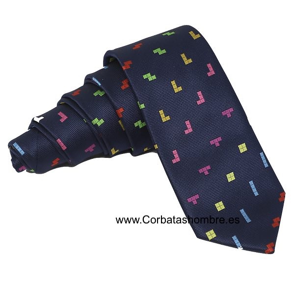 CORBATA AZUL MARINO FICHAS TETRIS DE COLORES 