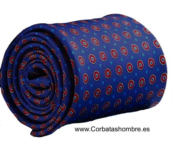 CORBATA AZUL MEDIO CON CIRCULOS ROJOS Y LUNARES AZULES 