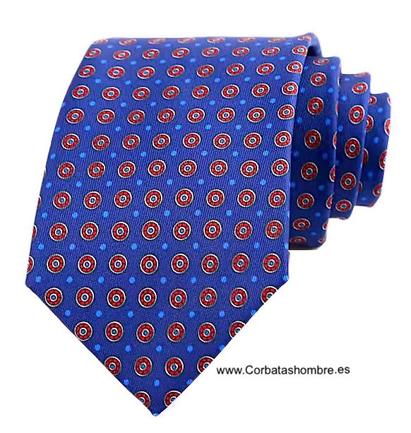 CORBATA AZUL MEDIO CON CIRCULOS ROJOS Y LUNARES AZULES 