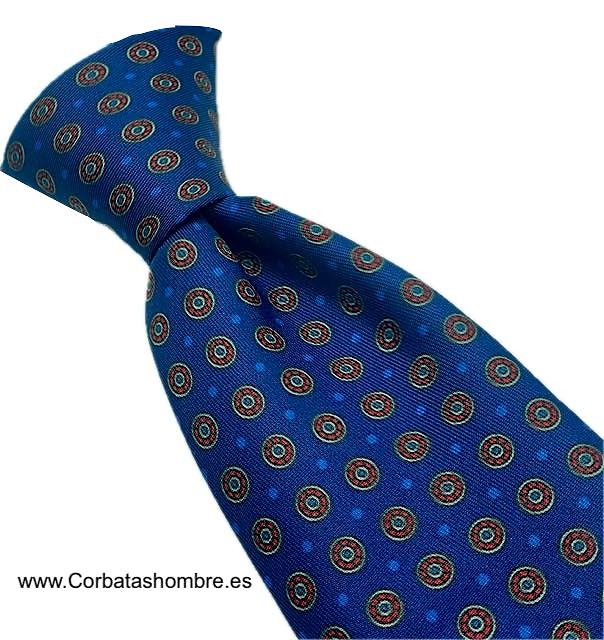 CORBATA AZUL MEDIO CON CIRCULOS ROJOS Y LUNARES AZULES 