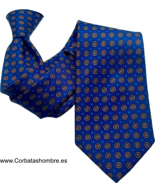 CORBATA AZUL MEDIO CON CIRCULOS ROJOS Y LUNARES AZULES 