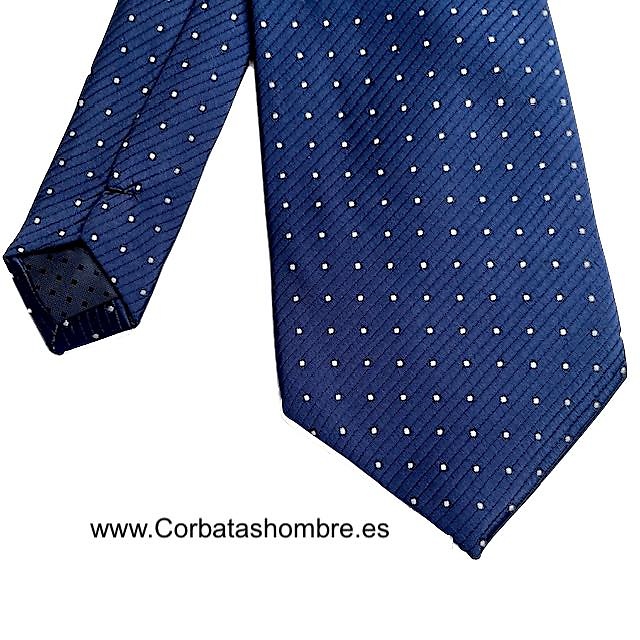 CORBATA AZUL MICRO RAYADA AL BIES CON PEQUEÑOS TOPOS O LUNARES BLANCOS 