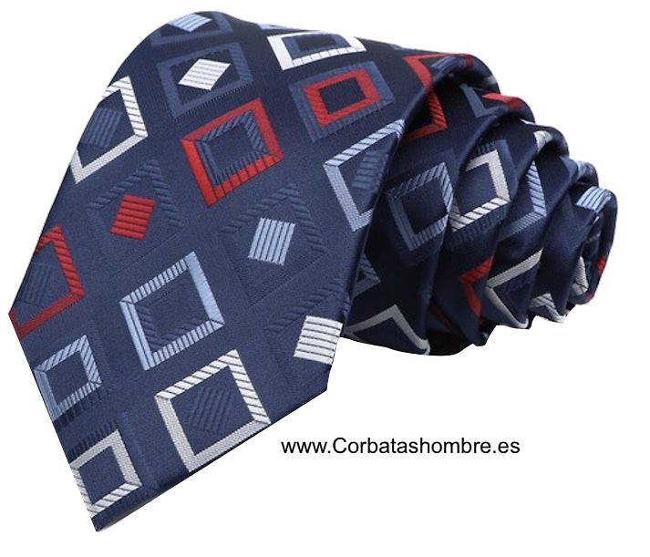 CORBATA AZUL OSCURA CON CUADRADOS DE DISTINTOS TAMAÑOS Y COLORES 