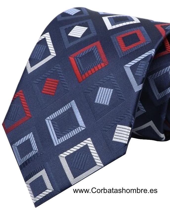 CORBATA AZUL OSCURA CON CUADRADOS DE DISTINTOS TAMAÑOS Y COLORES 