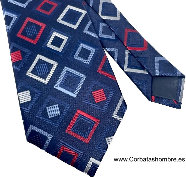 CORBATA AZUL OSCURA CON CUADRADOS DE DISTINTOS TAMAÑOS Y COLORES 