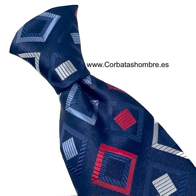 CORBATA AZUL OSCURA CON CUADRADOS DE DISTINTOS TAMAÑOS Y COLORES 