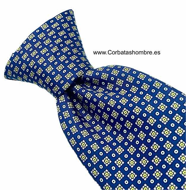 CORBATA AZUL OSCURO CON MINI PUNTOS BLANCOS Y CUADRADOS AMARILLOS CON ROSA PÁLIDO 
