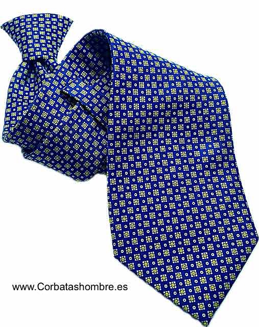 CORBATA AZUL OSCURO CON MINI PUNTOS BLANCOS Y CUADRADOS AMARILLOS CON ROSA PÁLIDO 