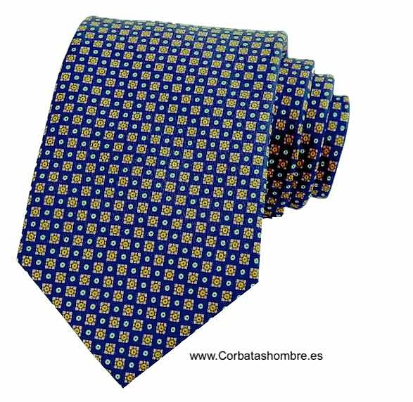 CORBATA AZUL OSCURO CON MINI PUNTOS BLANCOS Y CUADRADOS AMARILLOS CON ROSA PÁLIDO 