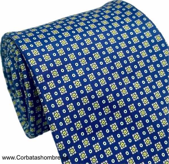 CORBATA AZUL OSCURO CON MINI PUNTOS BLANCOS Y CUADRADOS AMARILLOS CON ROSA PÁLIDO 