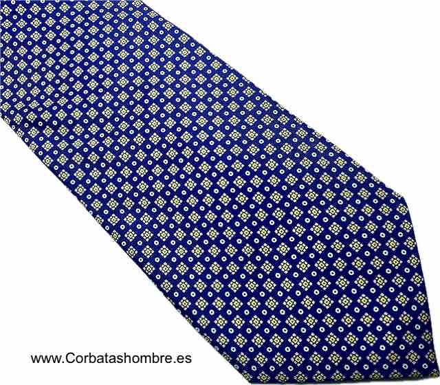 CORBATA AZUL OSCURO CON MINI PUNTOS BLANCOS Y CUADRADOS AMARILLOS CON ROSA PÁLIDO 