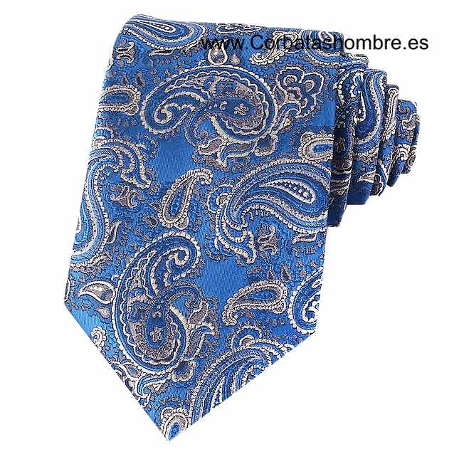 CORBATA AZUL PURÍSMAS CON CACHEMIRES EN GRIS PLATEADO 