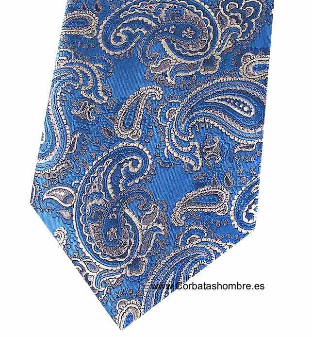 CORBATA AZUL PURÍSMAS CON CACHEMIRES EN GRIS PLATEADO 