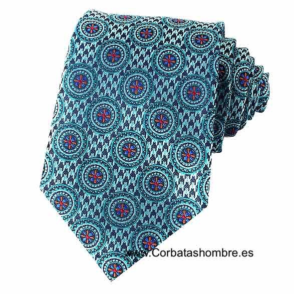 CORBATA AZUL TURQUESA O VERDE MAR CON ROSETONES CIRCULARES AZULES CON ROJO 
