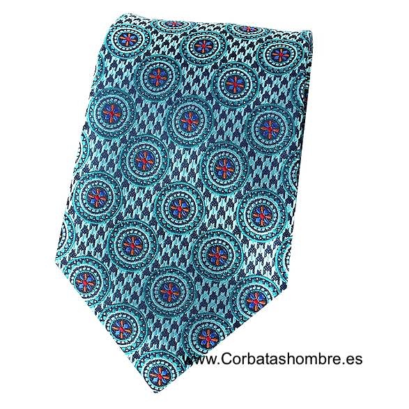 CORBATA AZUL TURQUESA O VERDE MAR CON ROSETONES CIRCULARES AZULES CON ROJO 