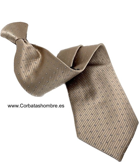 CORBATA BEIGE DORADO CON TOPOS CUADRADOS BLANCOS MUY PEQUEÑOS 