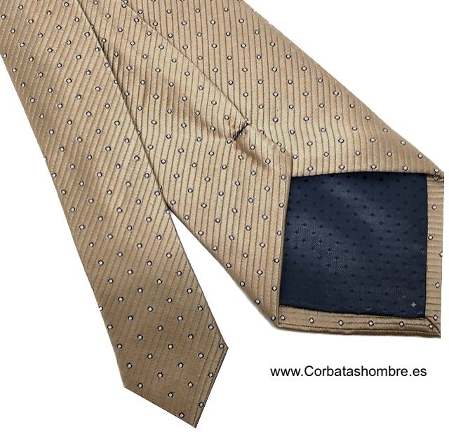 CORBATA BEIGE DORADO CON TOPOS CUADRADOS BLANCOS MUY PEQUEÑOS 