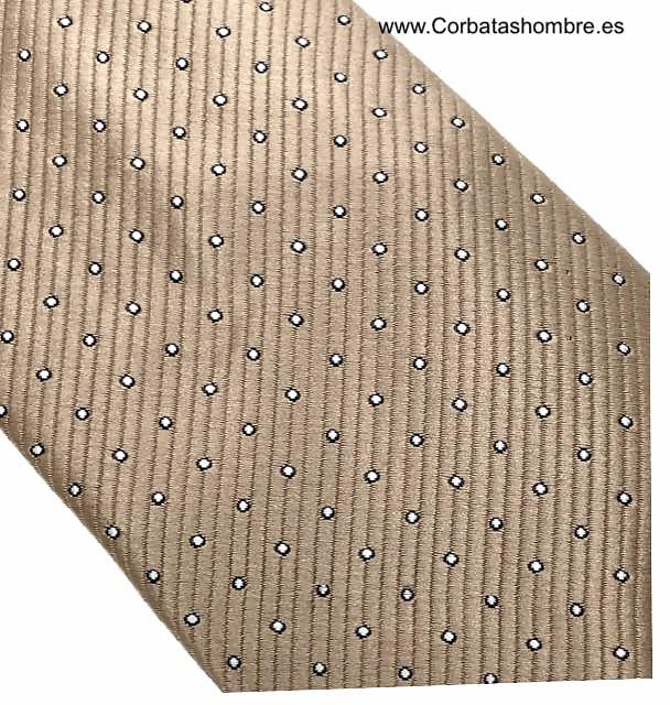 CORBATA BEIGE DORADO CON TOPOS CUADRADOS BLANCOS MUY PEQUEÑOS 