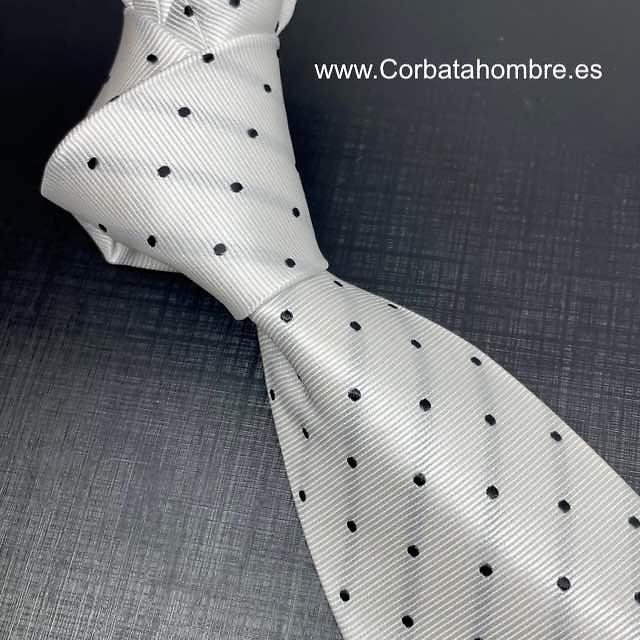 CORBATA BLANCA ELEGANTE DE LUNARES NEGROS 