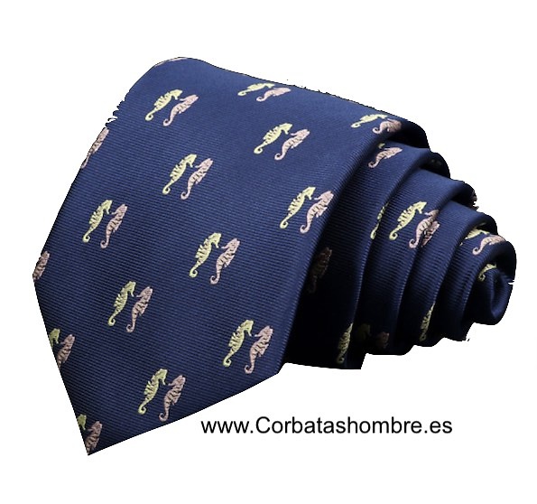 CORBATA CABALLITOS DE MAR SOBRE FONDO AZUL MARINO 