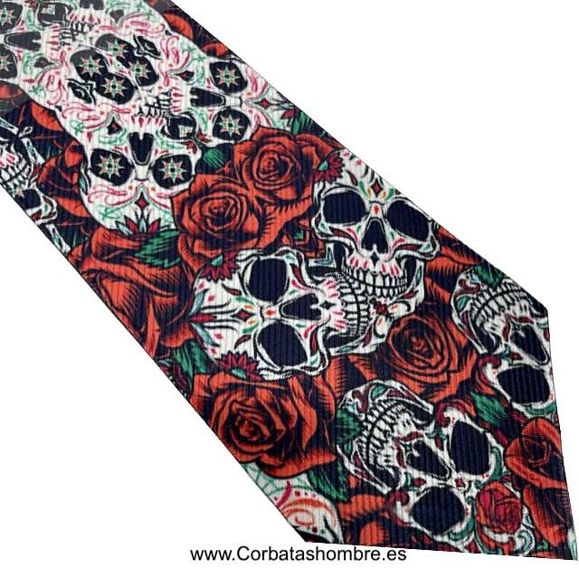 CORBATA CALAVERAS CON ROSAS ROJAS MEXICANA 